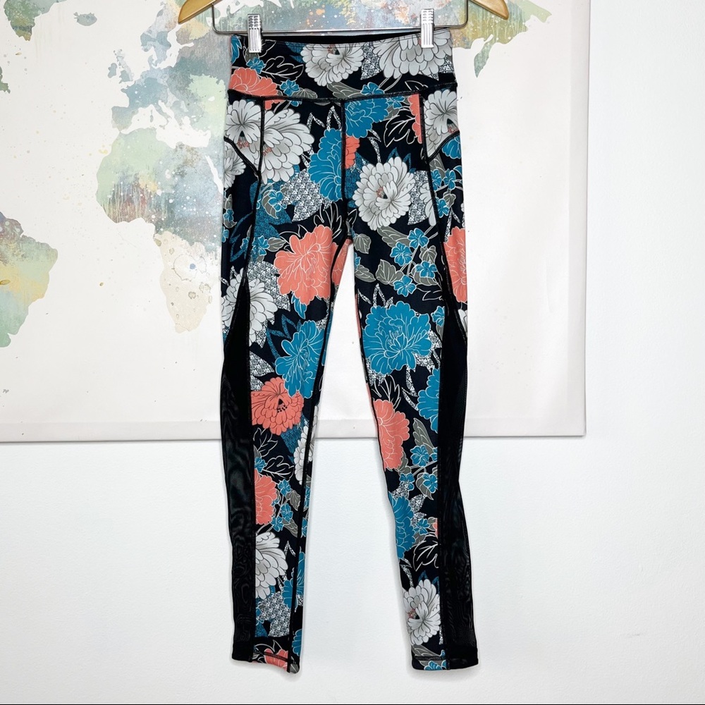 Sweaty Betty Leggings Size XS Chandrasana Floral Teal Coral Mesh Reversible